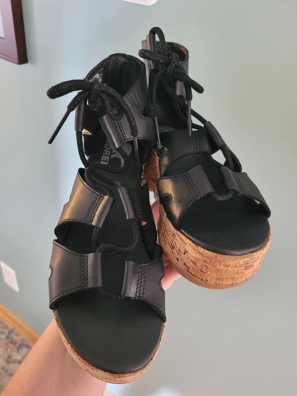Black Lace-Up Cork Wedge Sandals - Women Sorel 7 Cameron Strappy Leather EUC